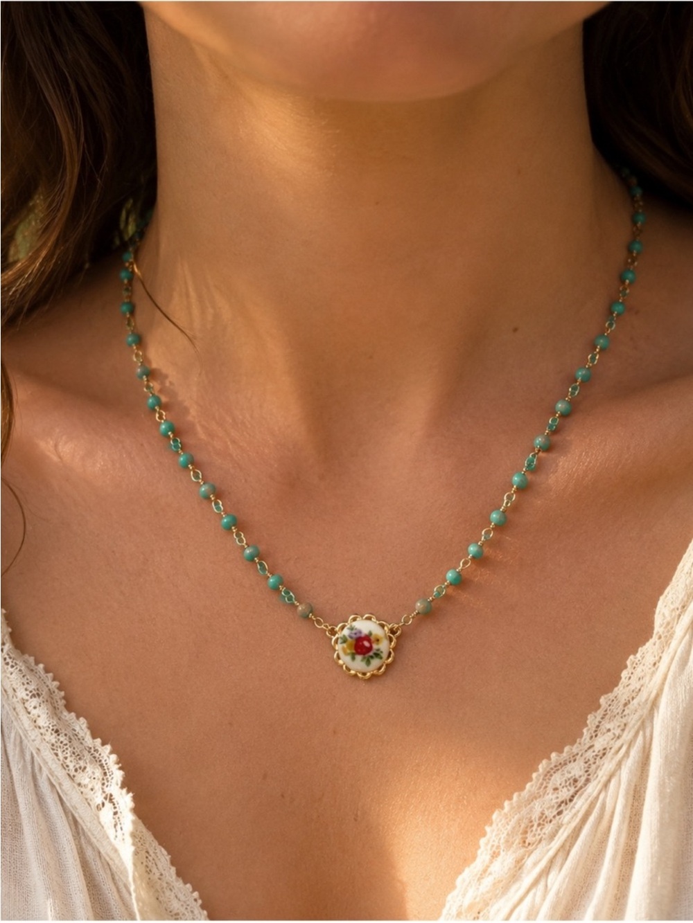 Plunder Gold Tone Floral Pendant Necklace with Turquoise Beads